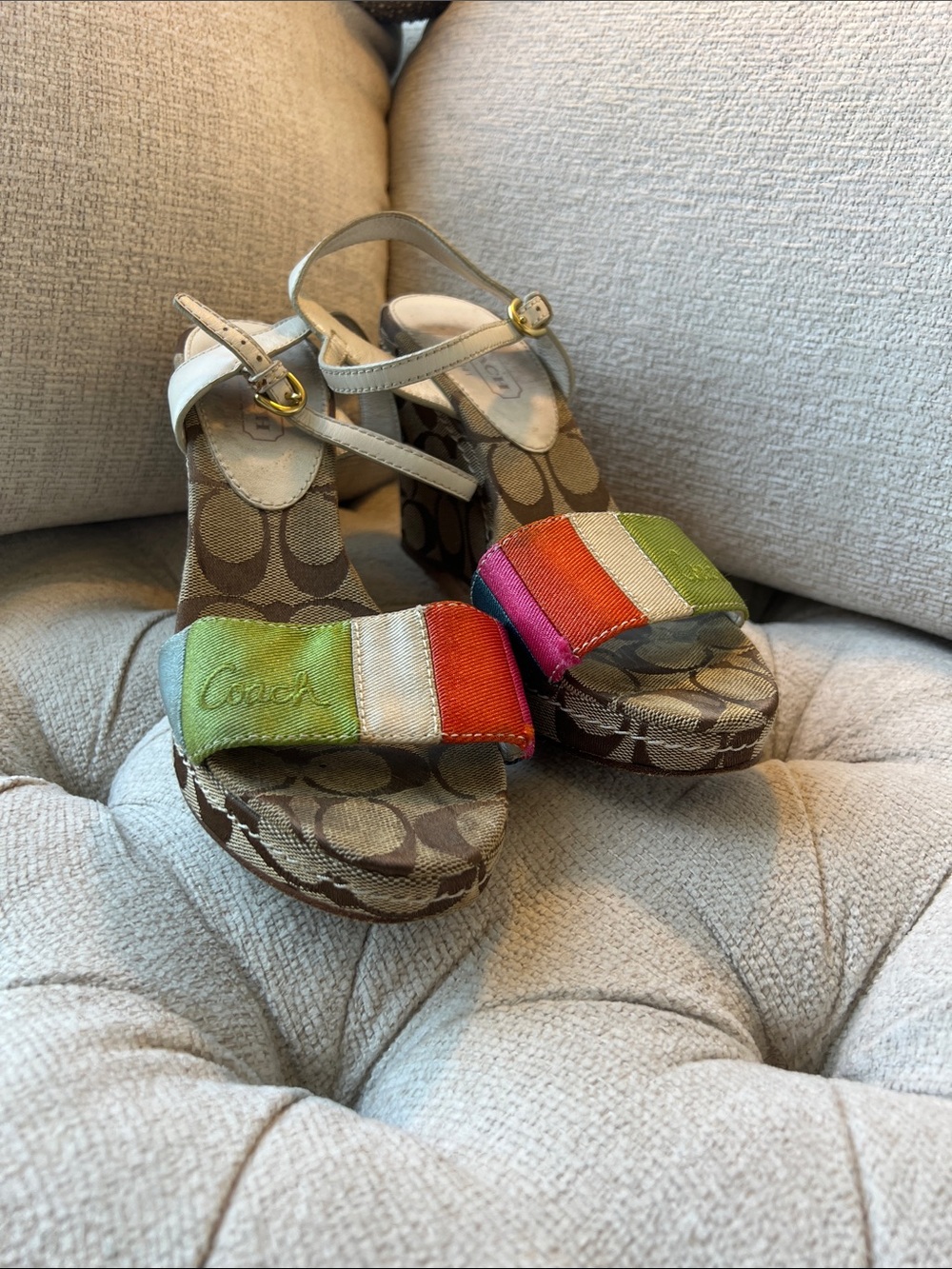 Coach Striped Multi-Color Canvas Platform Sandals with Ankle Strap - Picture 3 of 7